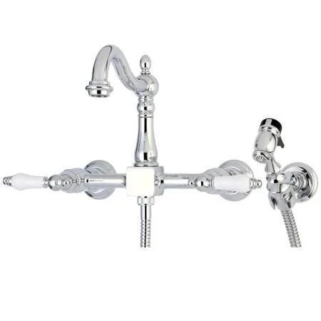 Polished chrome wall-mount kitchen faucet with 8-inch centerset design and brass construction