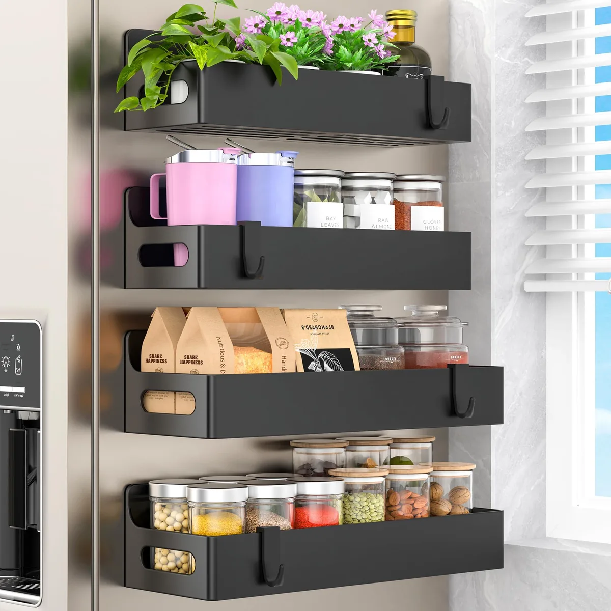 Four red round plastic spice racks with hooks on fridge side