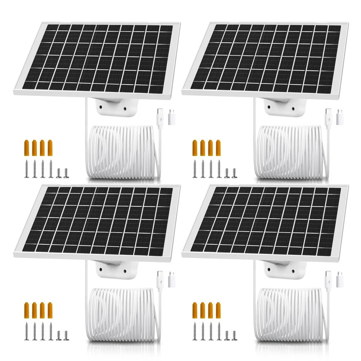 Four rectangular solar panels with USB-C cables and adjustable mounting brackets