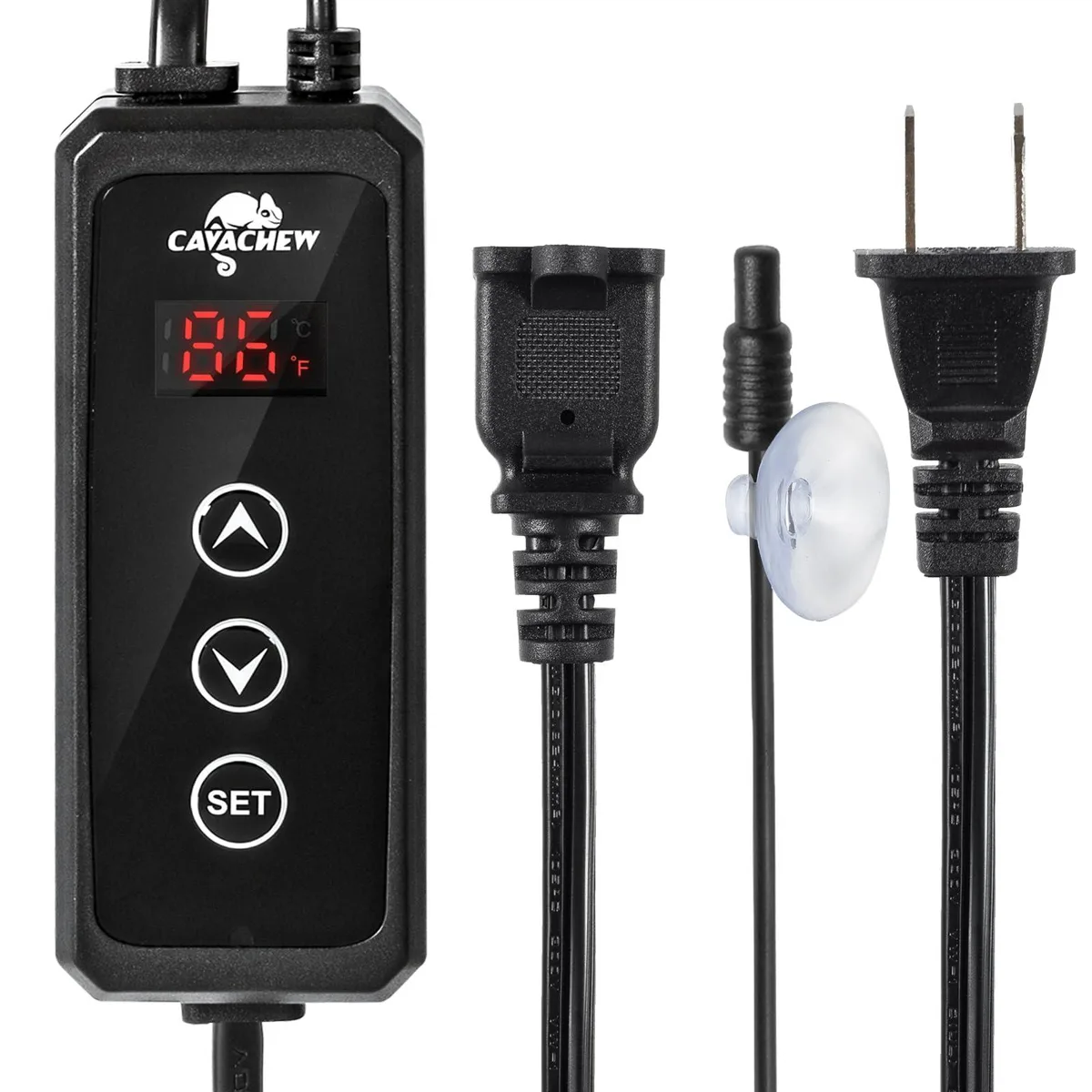 Black rectangular thermostat with LED digital screen, wall-mount design, 4.7 by 2.6 by 2.6 inches