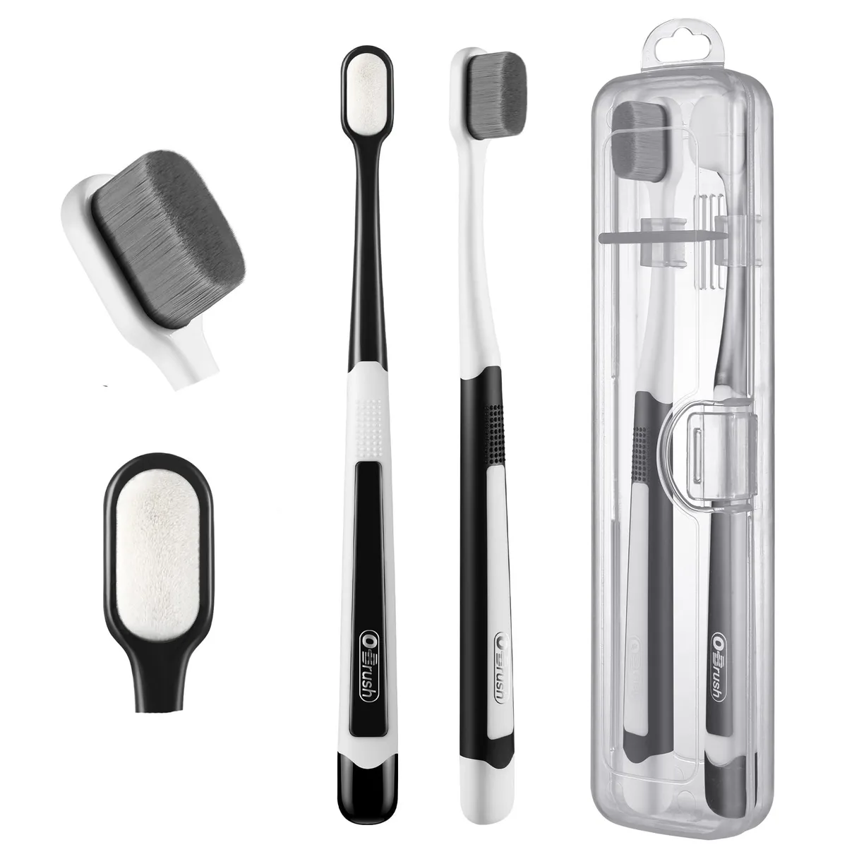 Two white manual toothbrushes with travel case