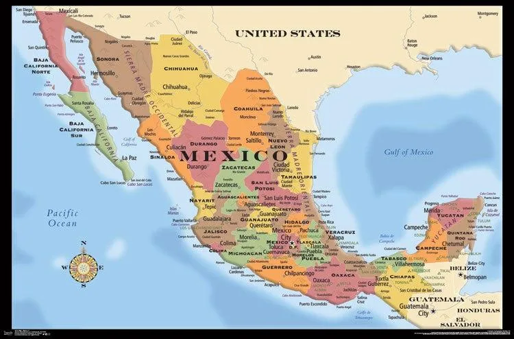Poster print of a Mexico map, 34 by 22 inches, rolled in tube