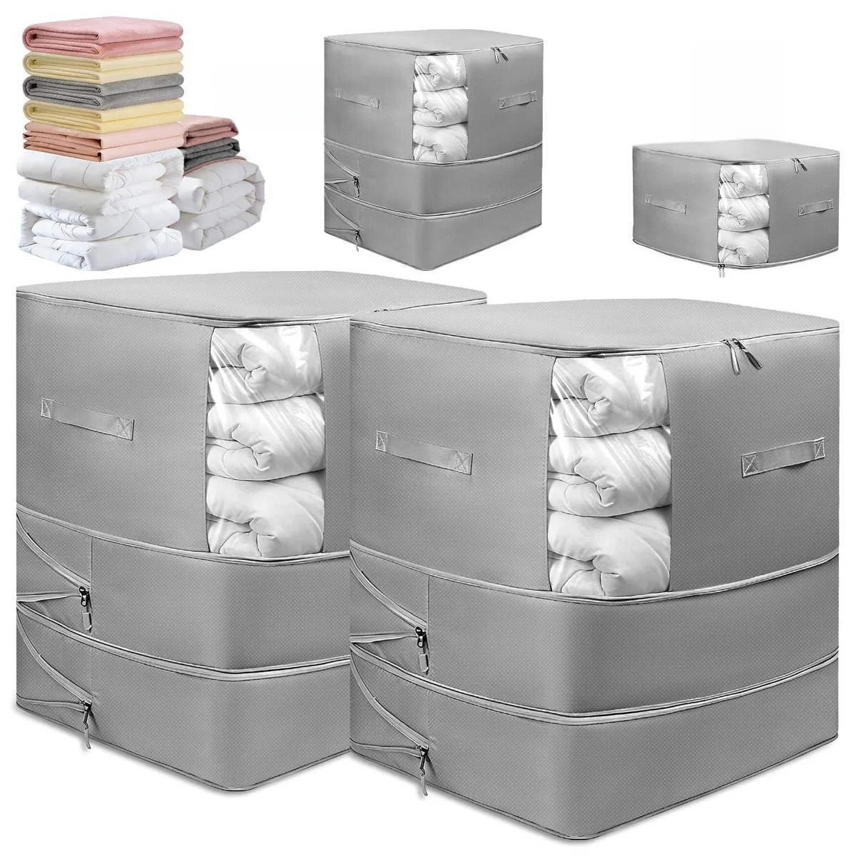 Two rectangular fabric storage bags with clear windows, reinforced handles, and compression straps