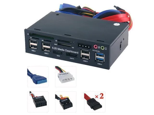 Silver 5.25 inch front panel card reader with multiple slots and ports