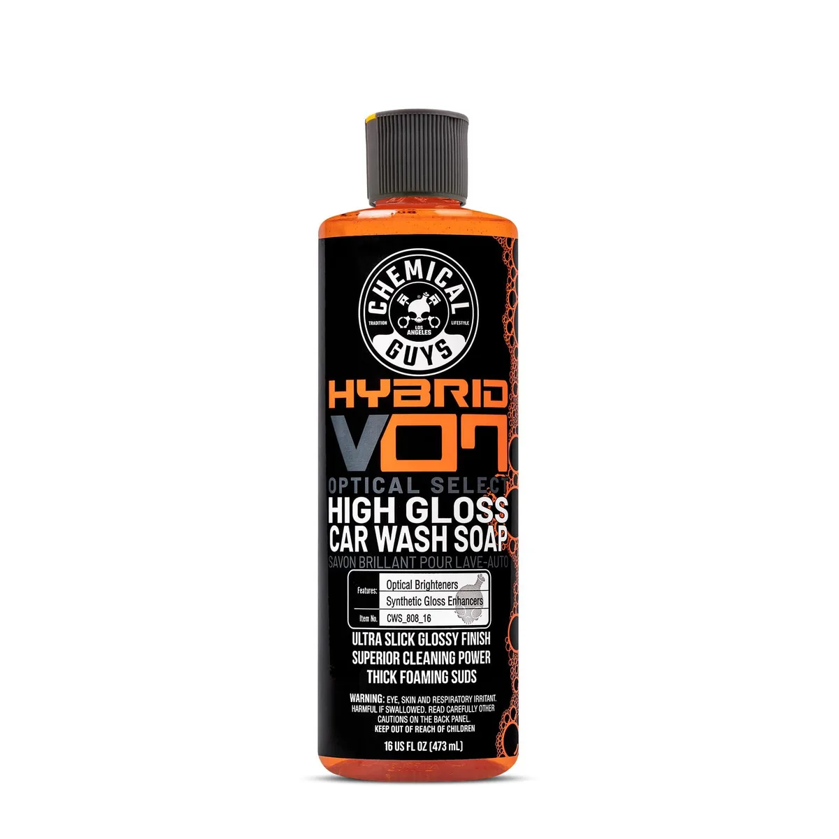 White 16 fl oz bottle with orange label and black cap