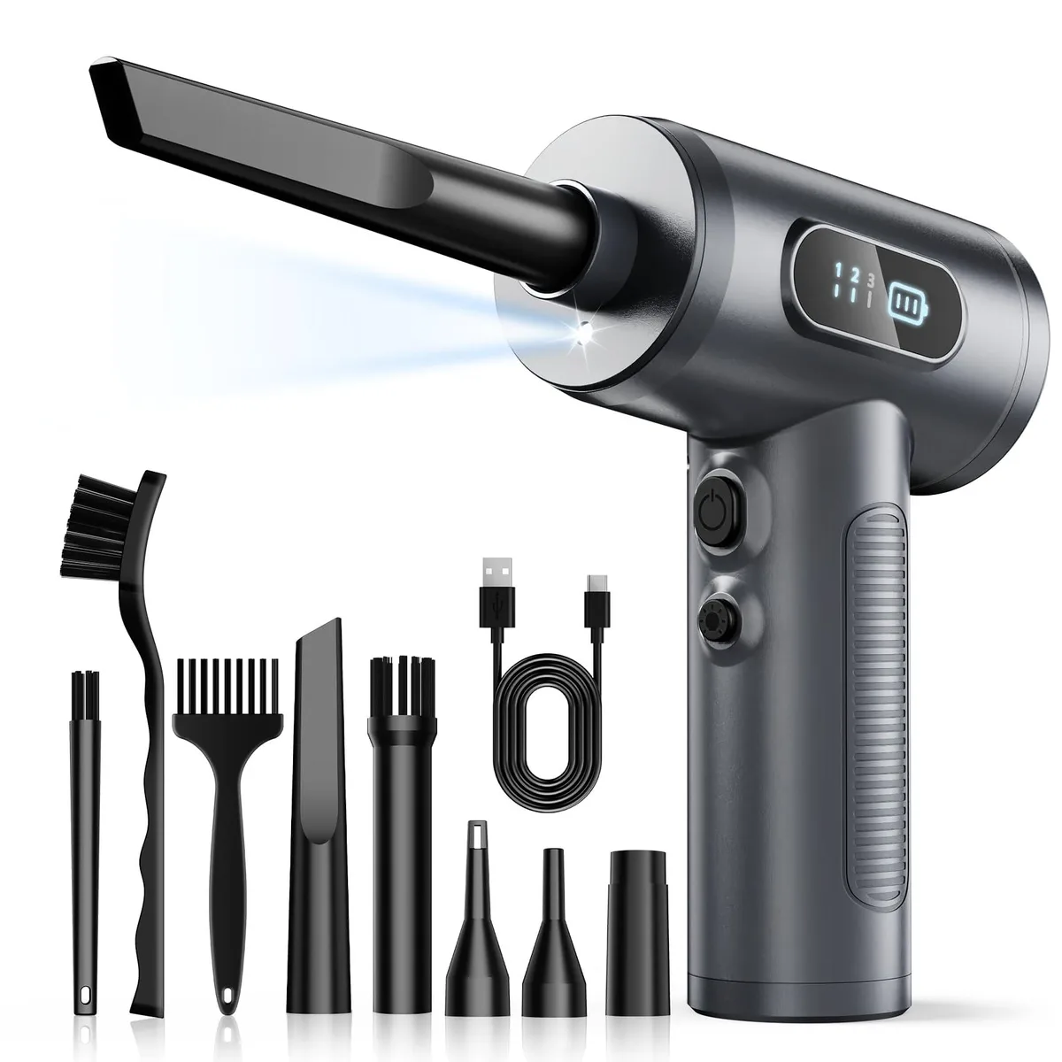 Grey cordless electric air duster with LED light and nozzle attachments