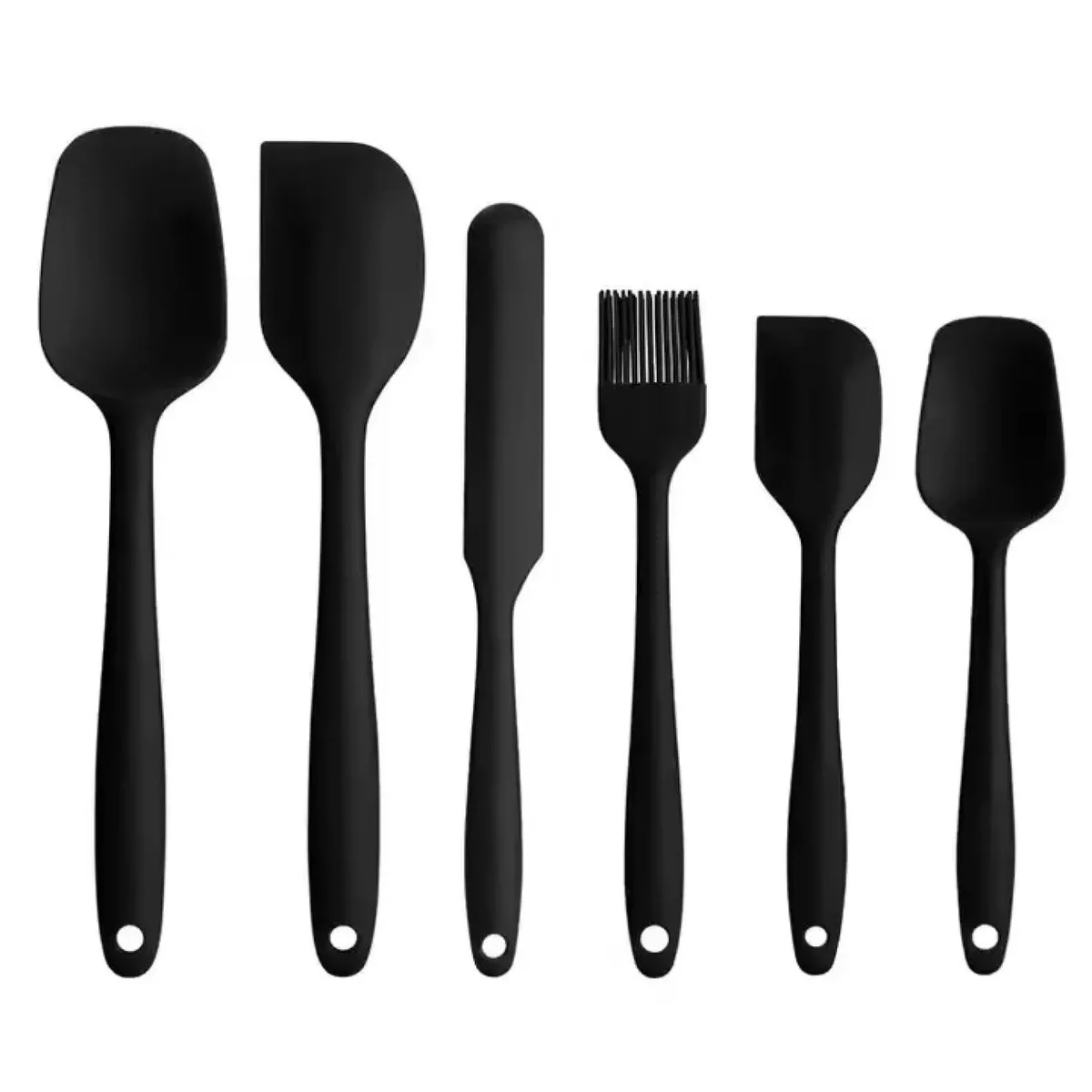 Six black silicone spatulas and brushes lying flat, matte finish, flexible heads, solid handles