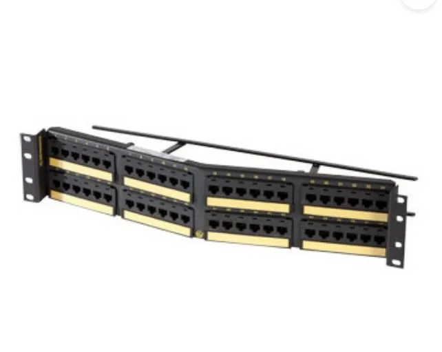 Black 2U angled patch panel, 48 RJ45 ports in six-port modules, 19 by 3.5 inches