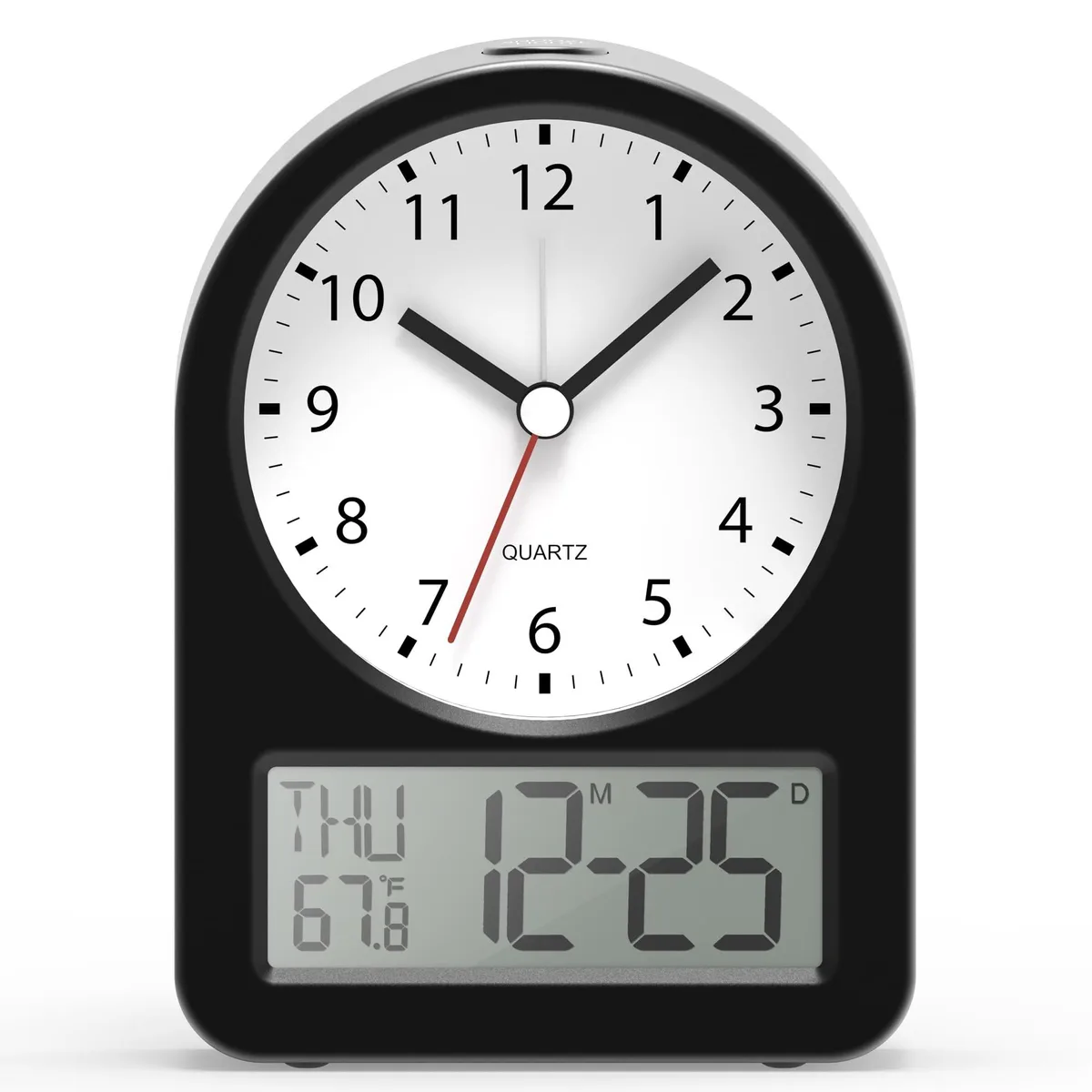 Compact black analog-digital desk clock with metal casing and top light button