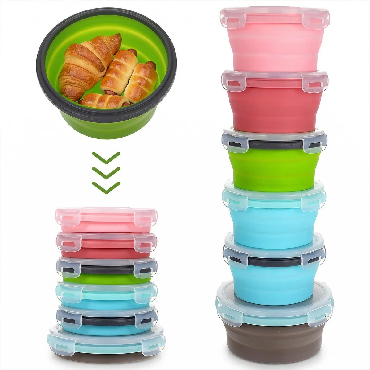 Six collapsible round silicone bowls with lids in brown and red, folded flat to 1.2 inches high