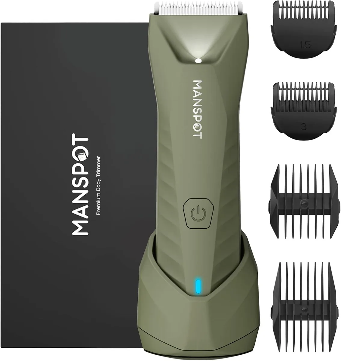 Green electric body groomer with ceramic blade head LED light and USB-C charging dock