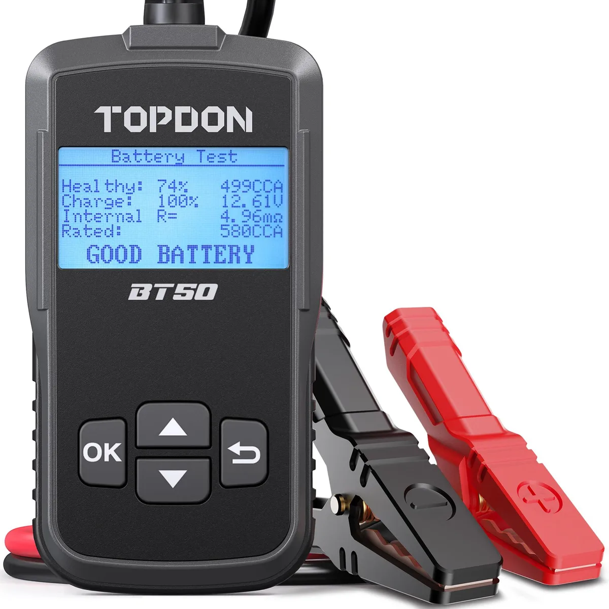 Compact rectangular battery tester, dark grey casing with orange accents, LCD screen and clamps attached