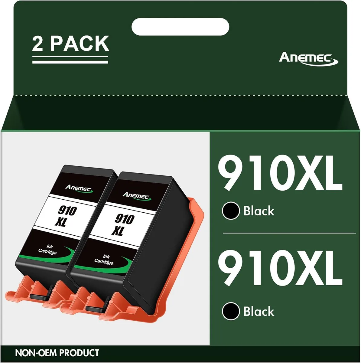 Two rectangular black ink cartridges in a sealed plastic blister pack