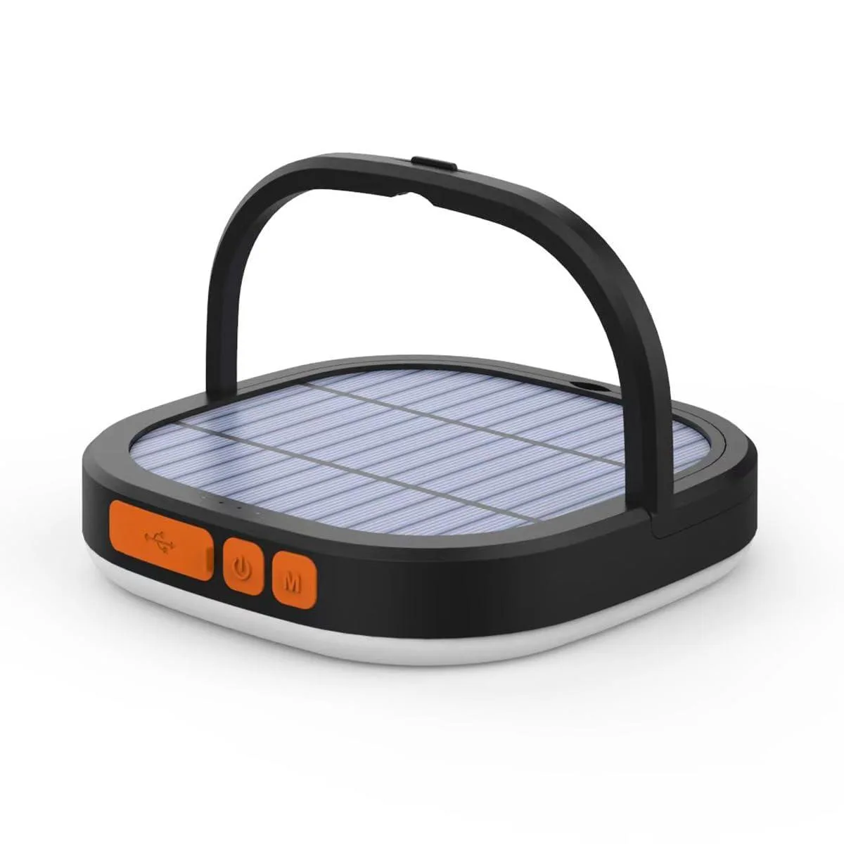 Black cylindrical camping lantern with solar panel top and fold-out handle