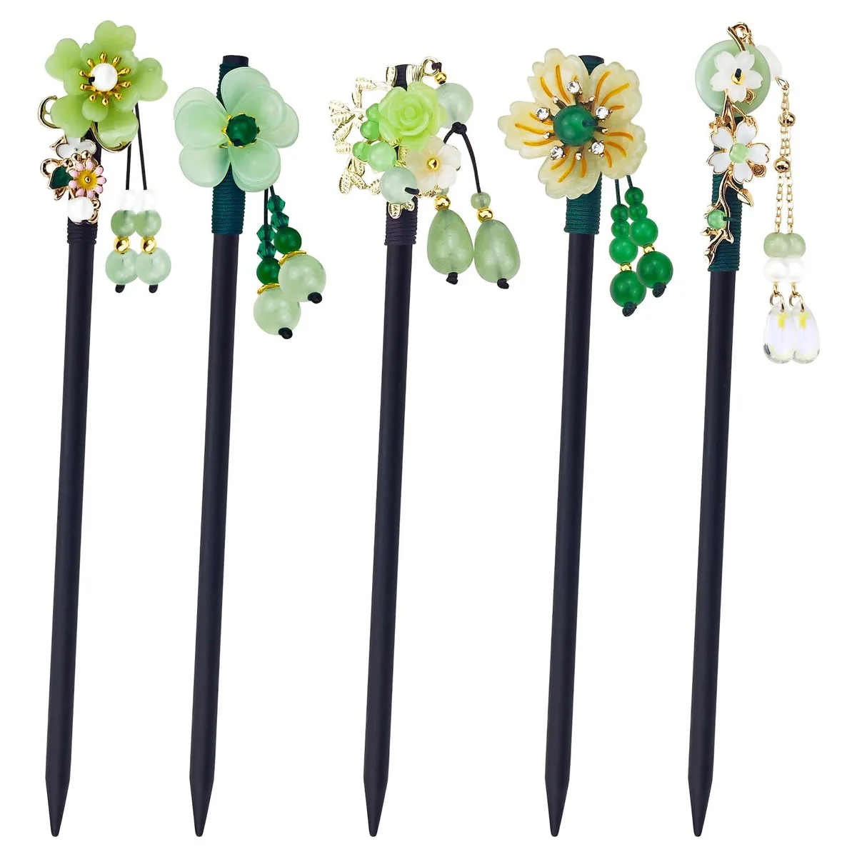  5-piece wooden hair stick set, floral resin brooches, 1 in x 1 in x .5 in — product photo