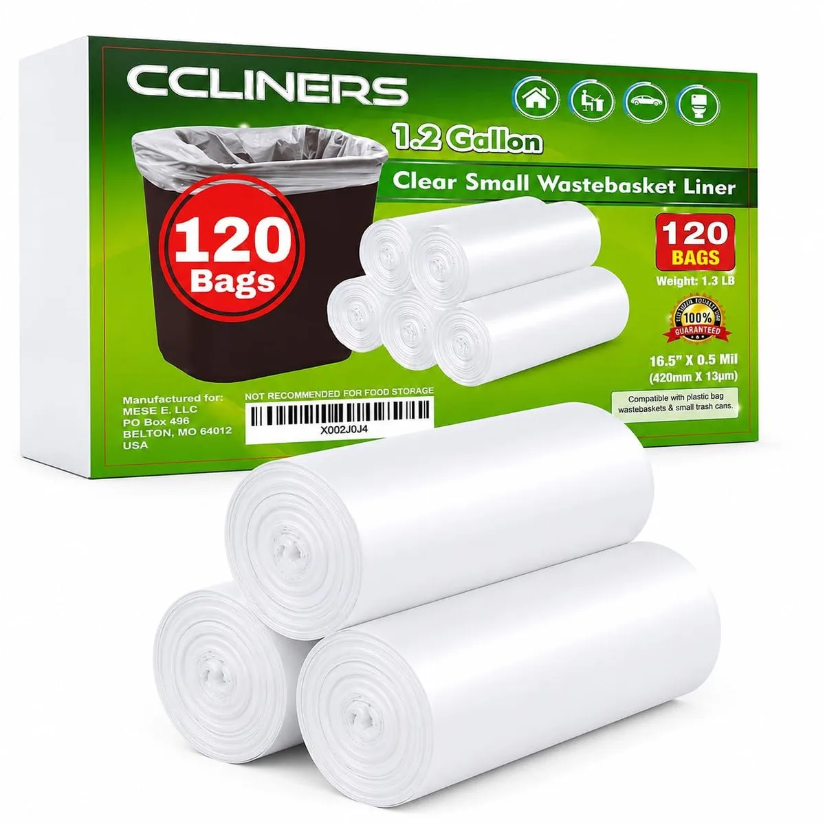 Pack of 120 clear 1.2 gallon plastic trash bags