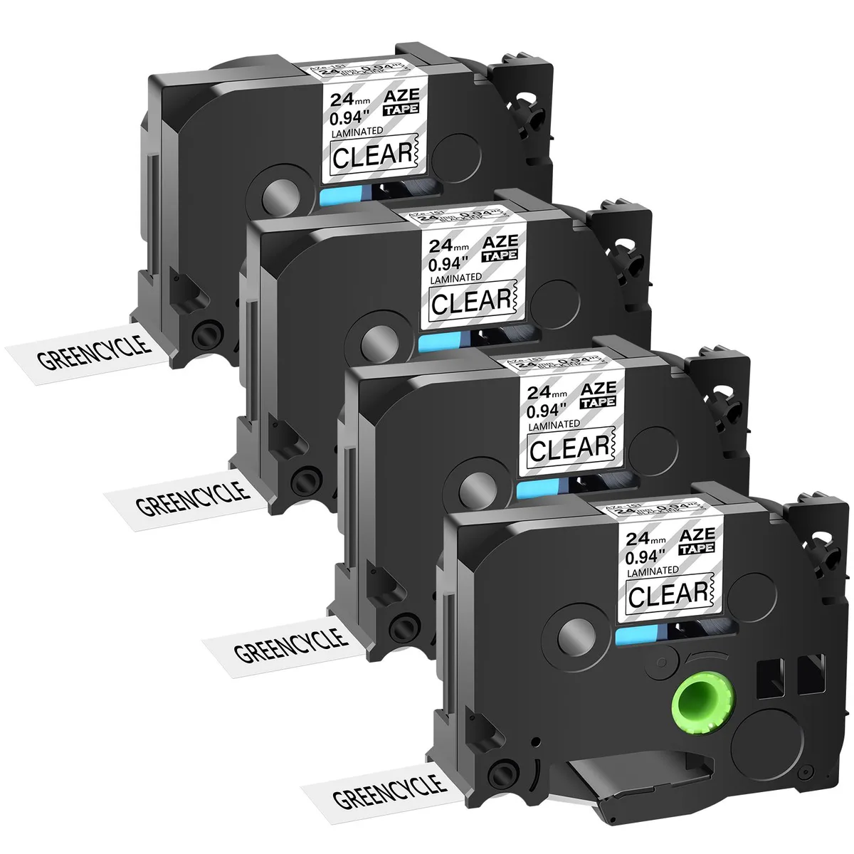 GREENCYCLE GREENCYCLE AZE-151 Label Tape 24mm Black on Clear 4 Pack — product photo