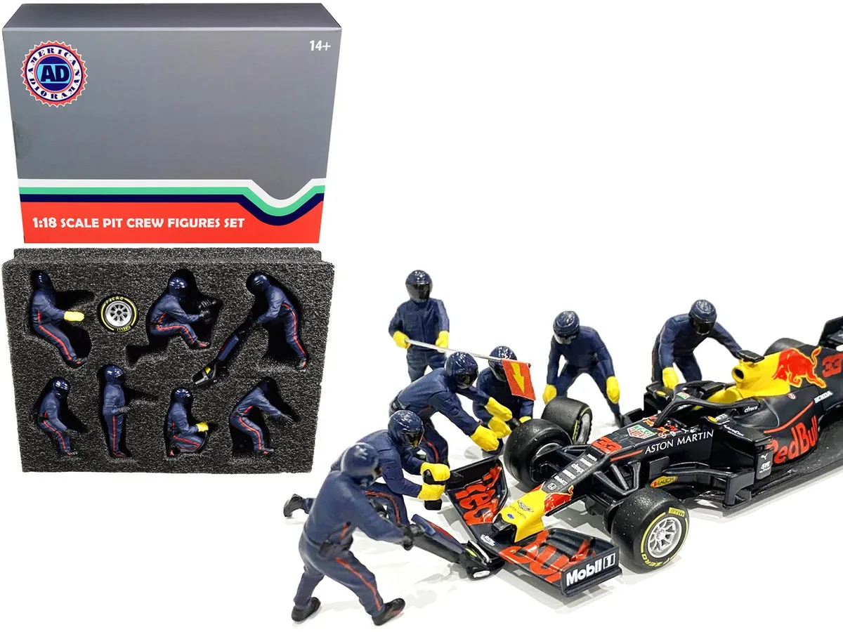 American Diorama American Diorama Formula One Pit Crew 7 Figurine Set Team Blue 1/18 Scale — product photo