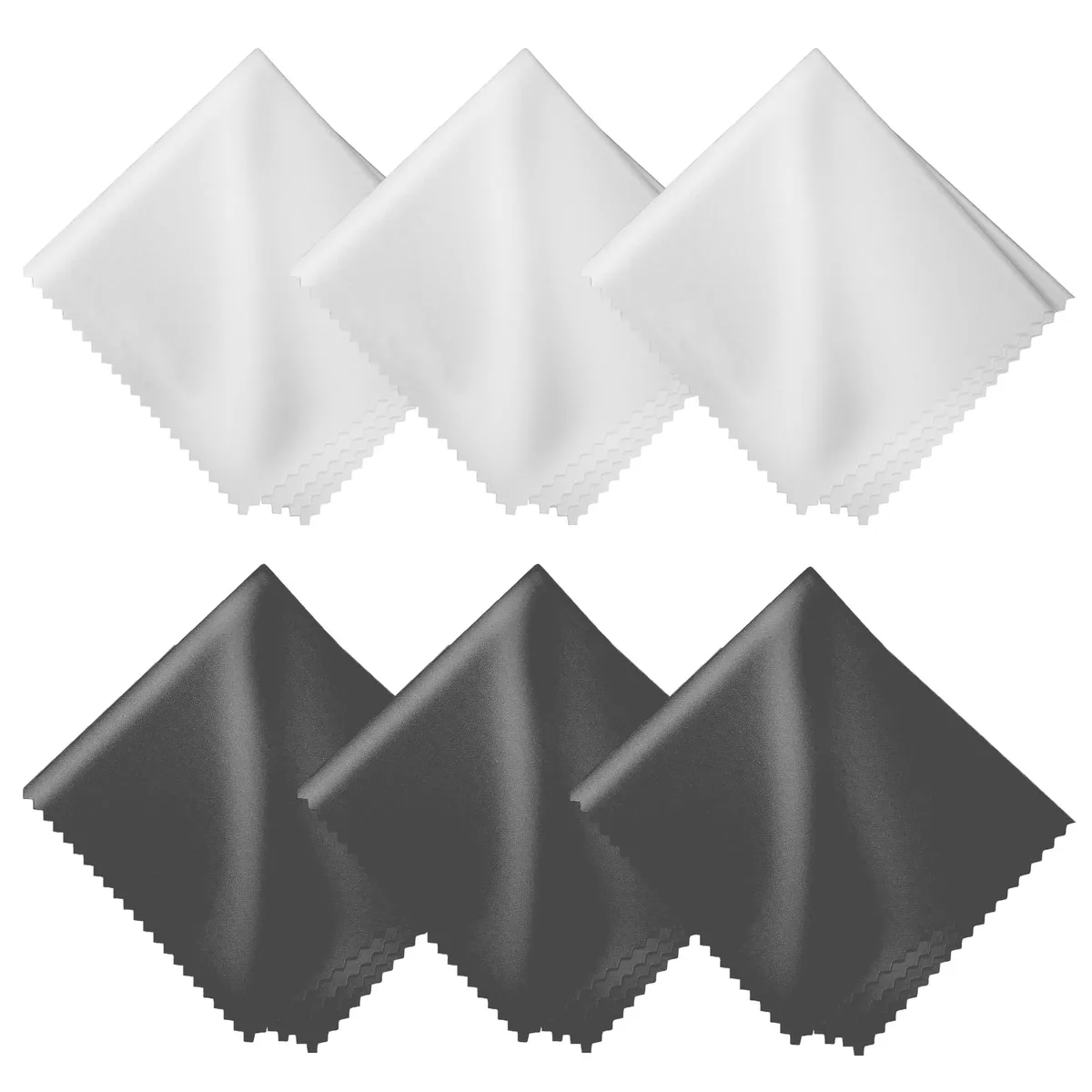 Six microfiber cloths, three dark grey and three white, individually wrapped