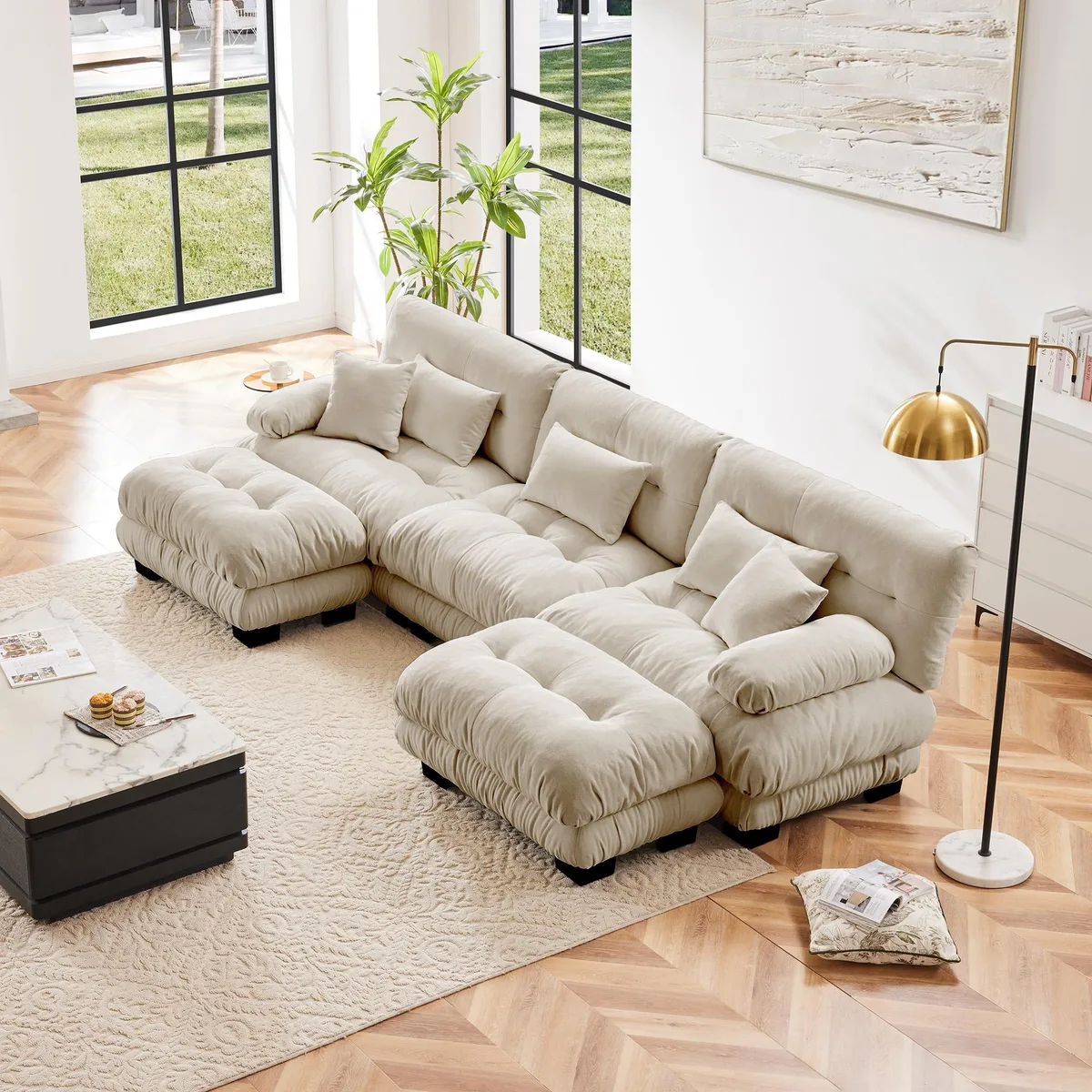 U-shaped modular sectional in light coffee chenille with two ottomans