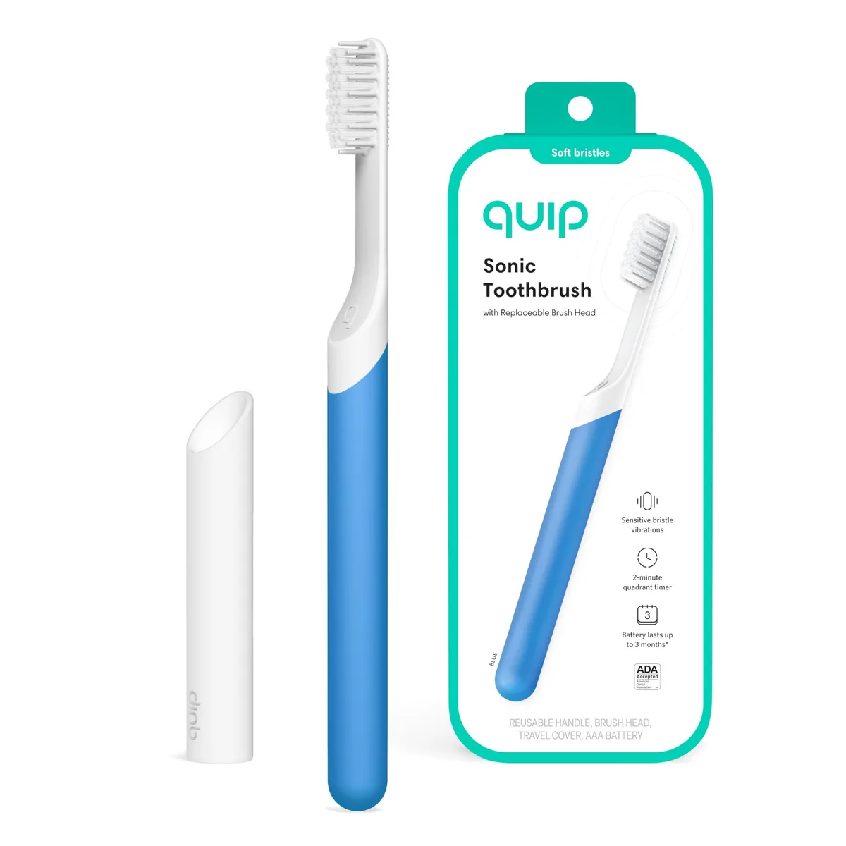 Blue plastic sonic toothbrush with travel cover and replaceable brush head