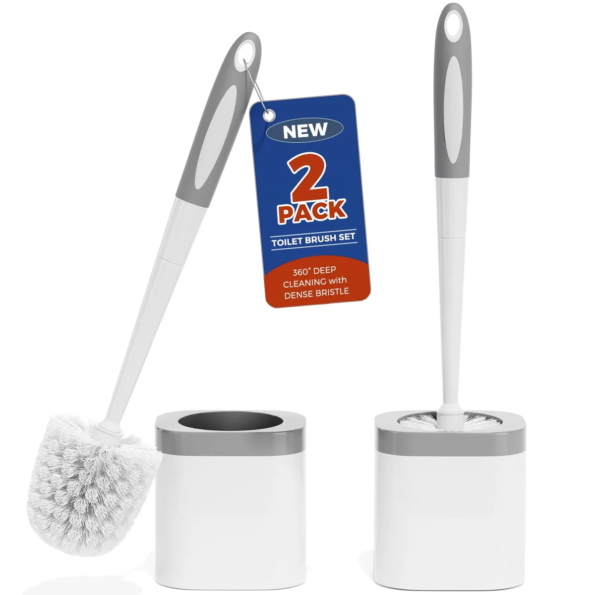 Two white toilet brushes with holders in a space saving design