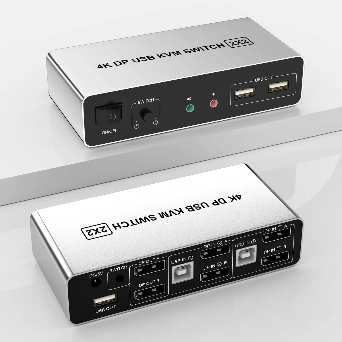 BUCIER BUCIER DP202C-USB2.0-H Dual Monitor DP KVM Switch 2 Computers 4K@60Hz 3 USB 2.0 Audio Mic — product photo