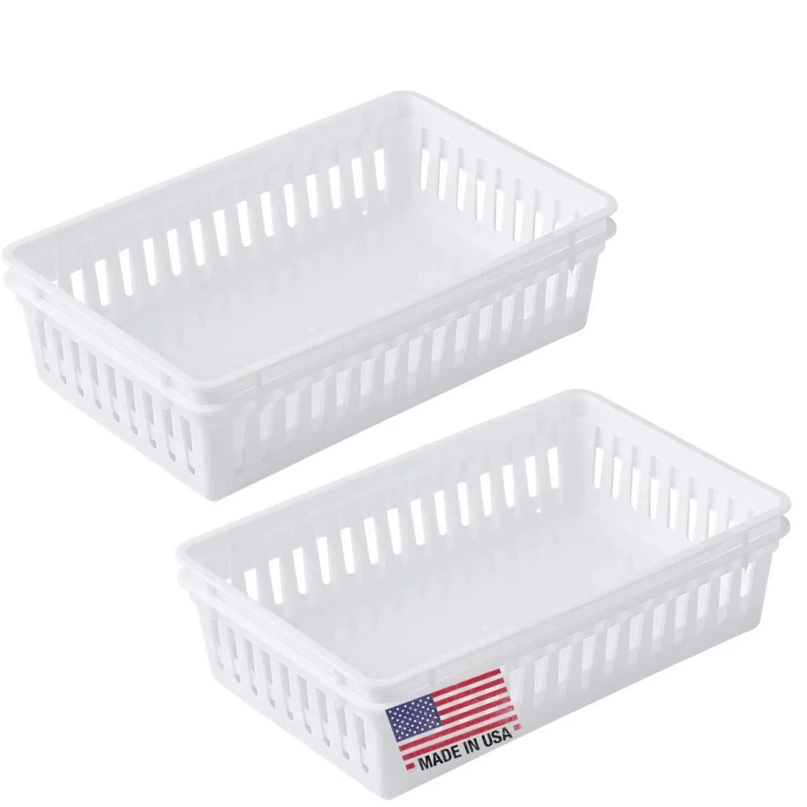 Four white rectangular plastic bins with open tops and woven sides
