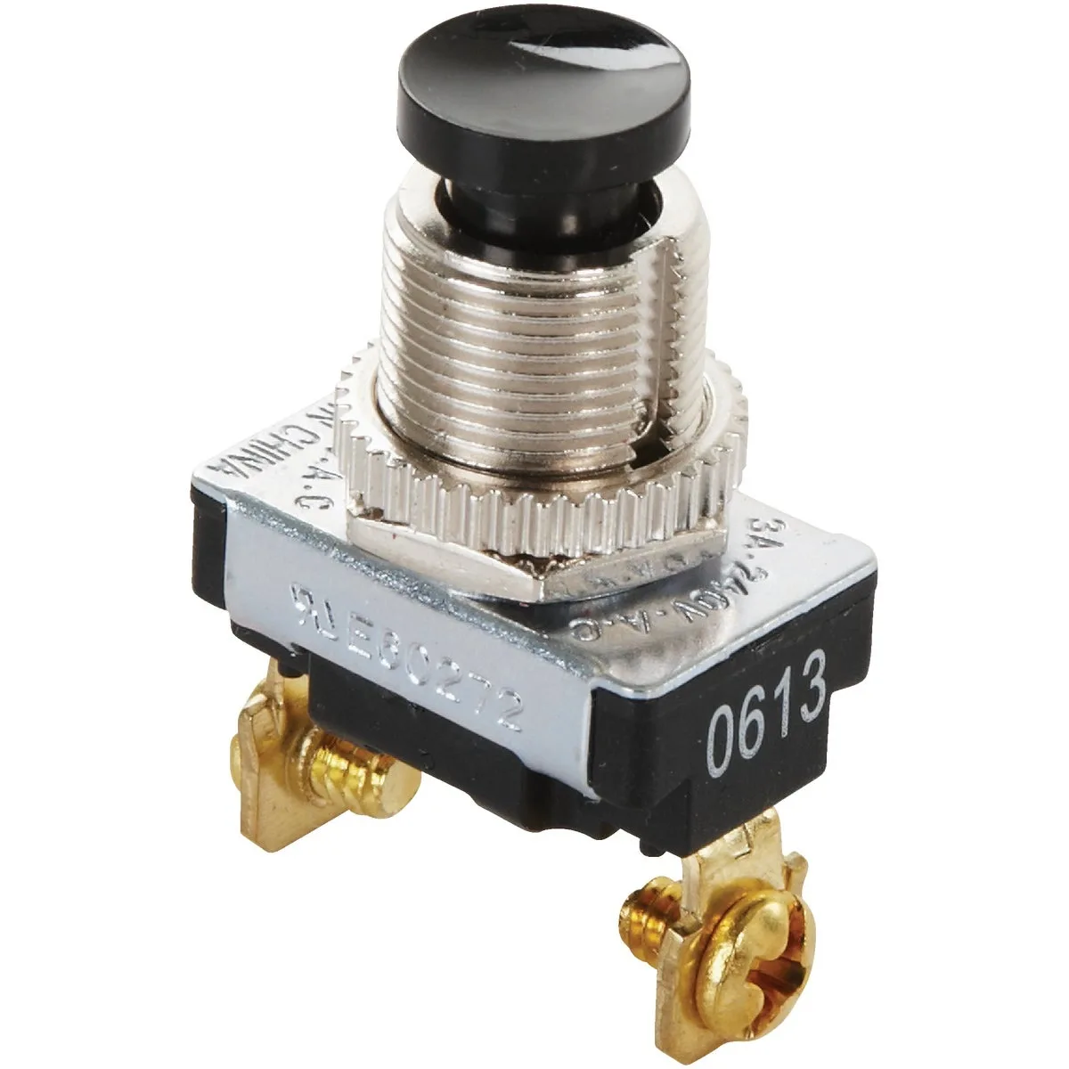 Black push-button switch with two screw terminals