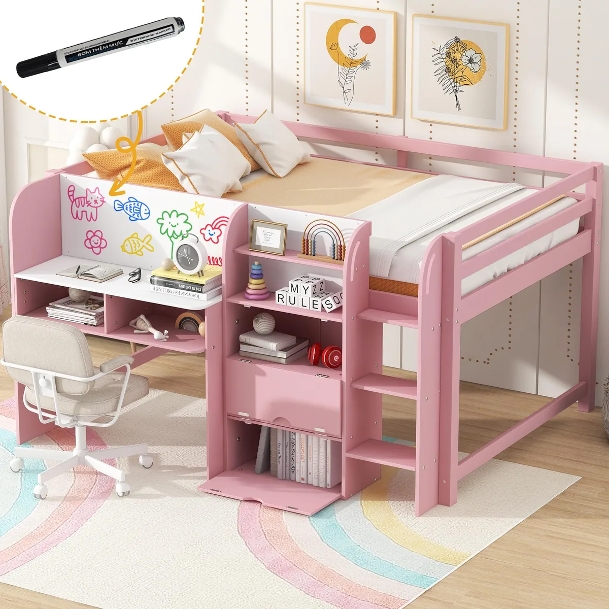 Pink low loft bed with built-in desk, storage cabinets, open bookcase and whiteboard