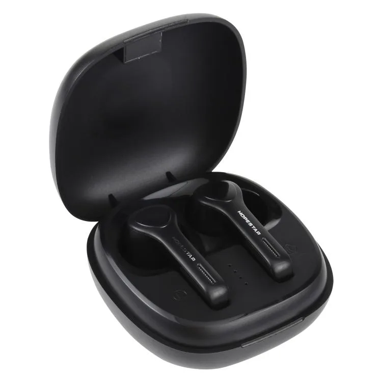 Pair of black true wireless earbuds in compact charging case
