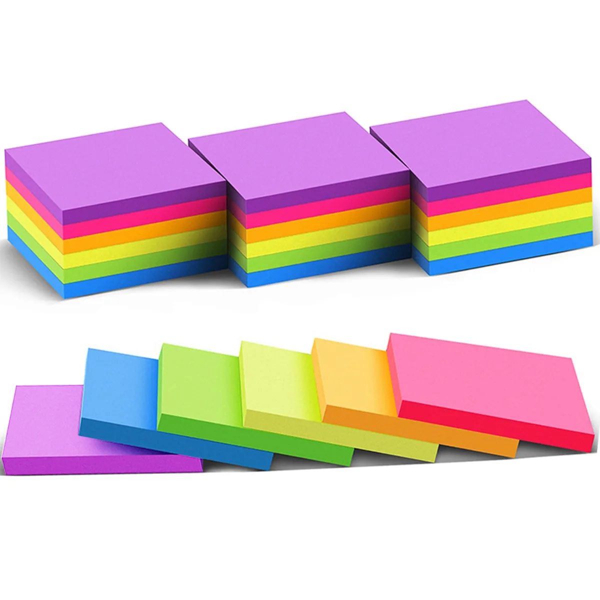 Twenty-four square sticky-note pads in six bright colours, 3 by 3 inches each