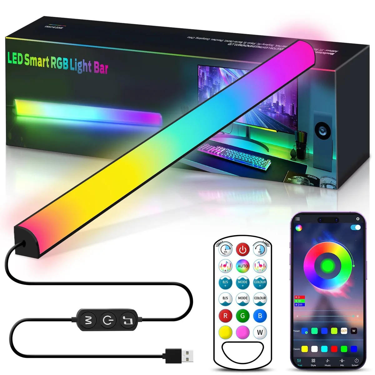 Black rectangular LED light bar, 15.7 in long, RGB lighting, USB powered, remote included