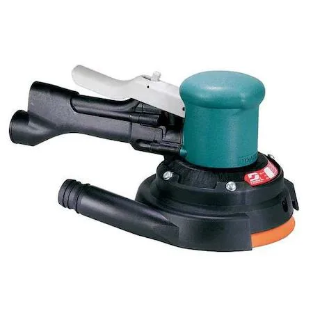 Silver pneumatic orbital sander with extended grip and 6-inch disc pad