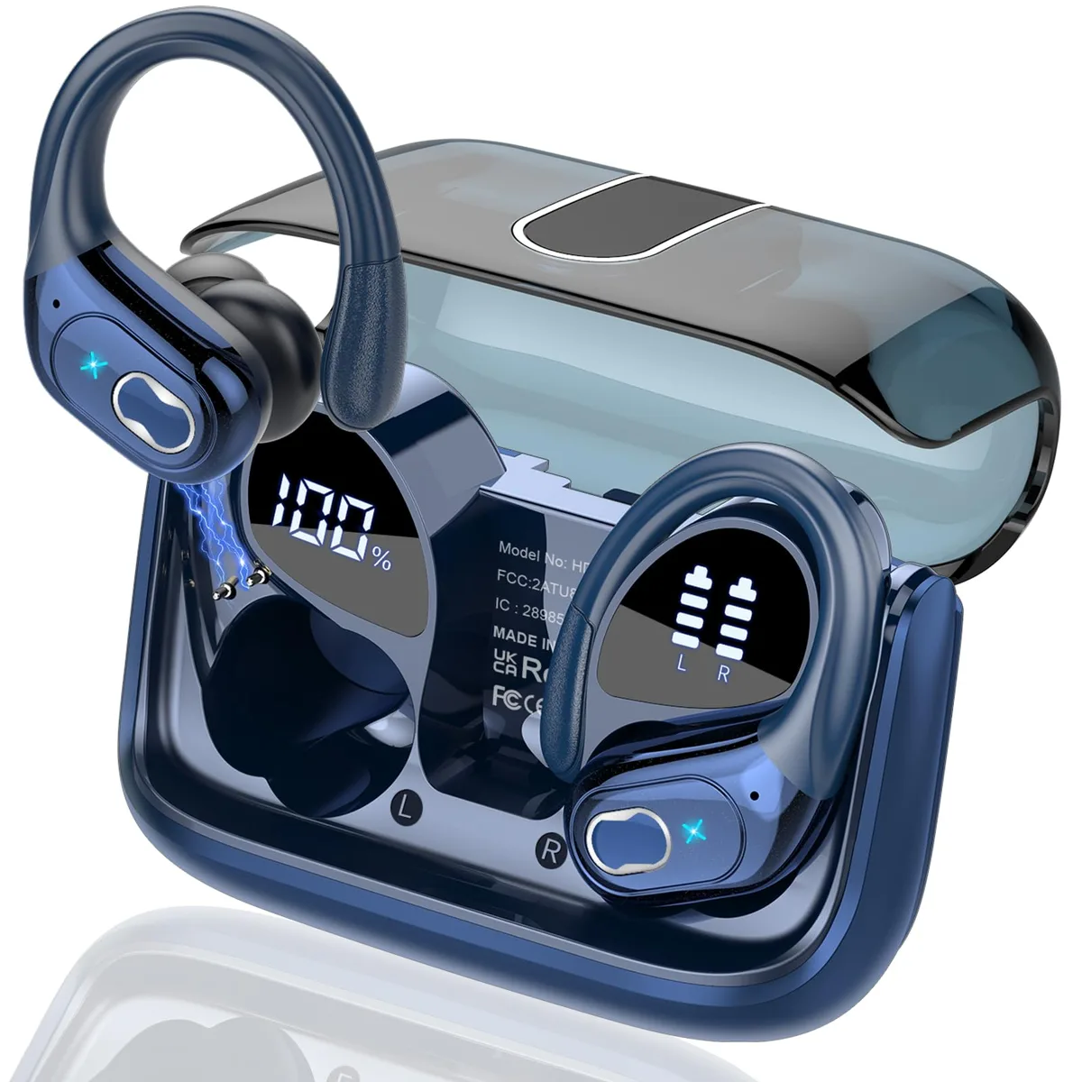 Royal blue earbuds with earhooks in charging case showing LED display