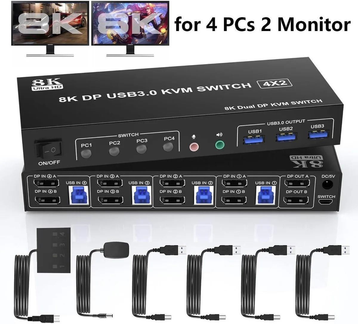 Vszerda Vszerda 4 Port 8K@60Hz DP1.4 KVM Switch 2 Monitors 3 USB 3.0 — product photo