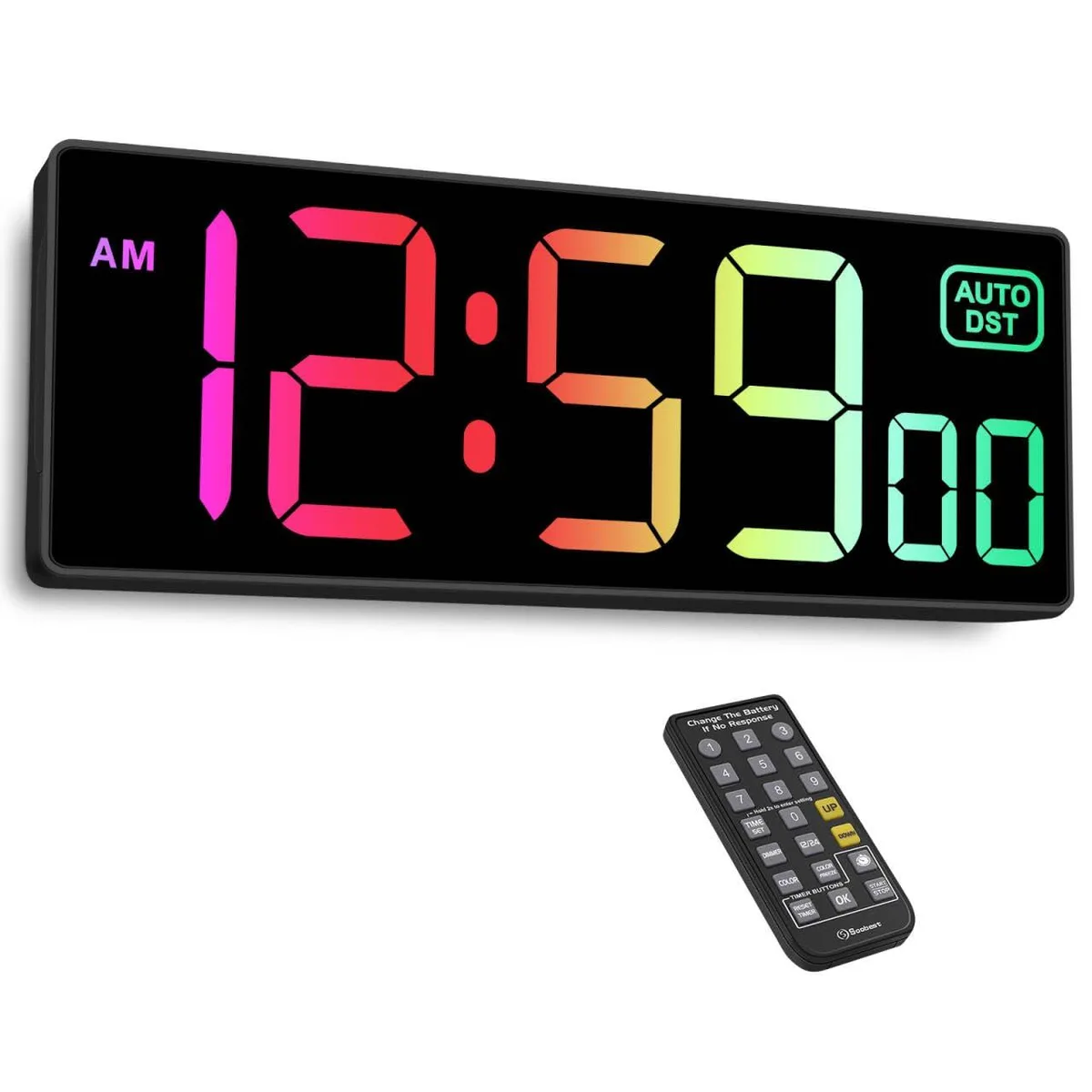 Rectangular digital clock with 10.2 inch multicolor RGB display and remote control