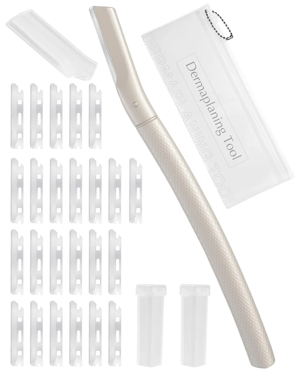 Silver facial razor with non-slip handle and 20 blade refills