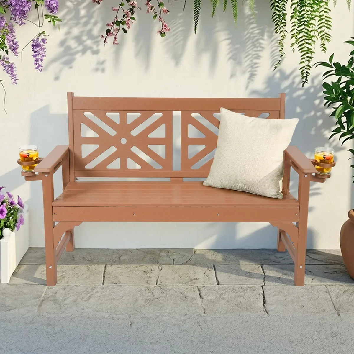 Brown HDPE patio bench, wood-grain finish, foldable cup holders, two-person seat