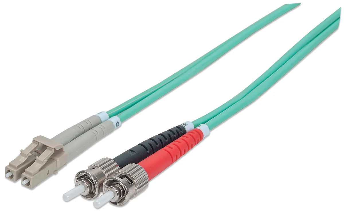 Aqua duplex fiber patch cable with ST and LC connectors, 14 ft length