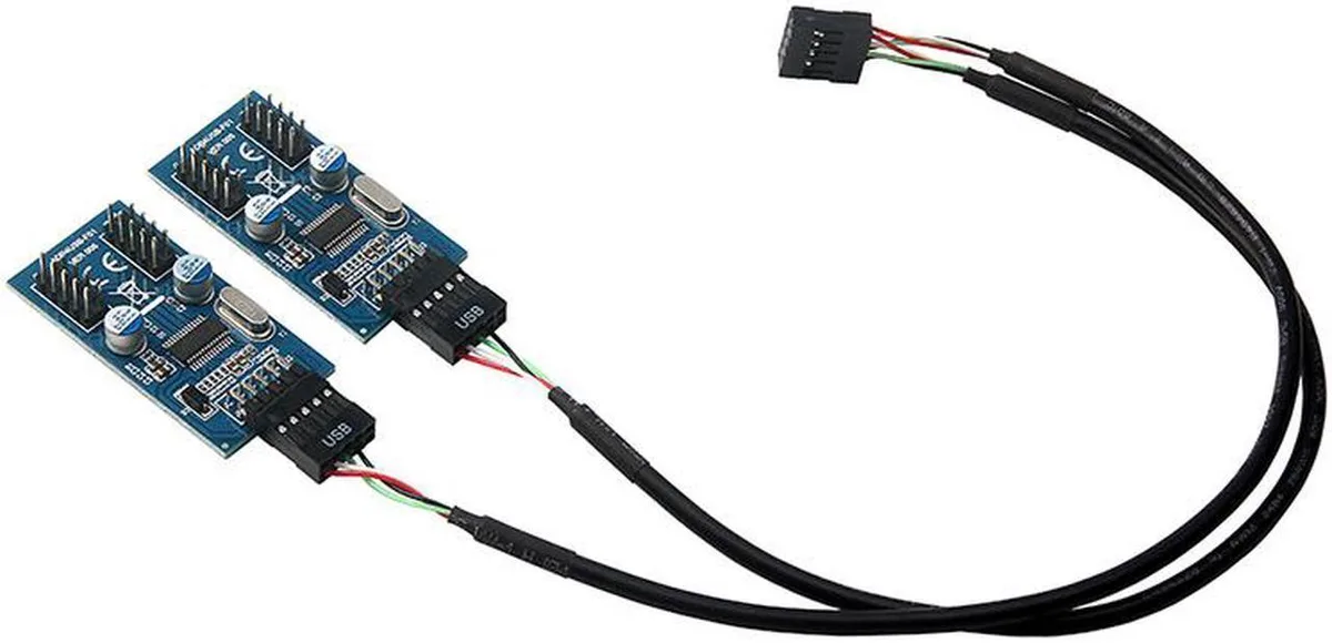 Black USB 2.0 internal hub with four 9-pin male connectors and adhesive pad