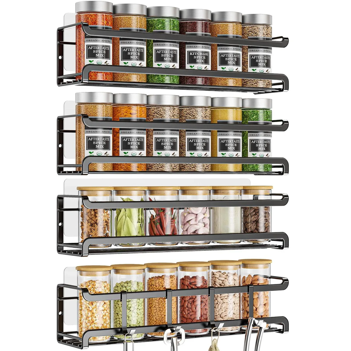Red four-pack of two-tier wall-mounted spice racks with guardrails and hooks