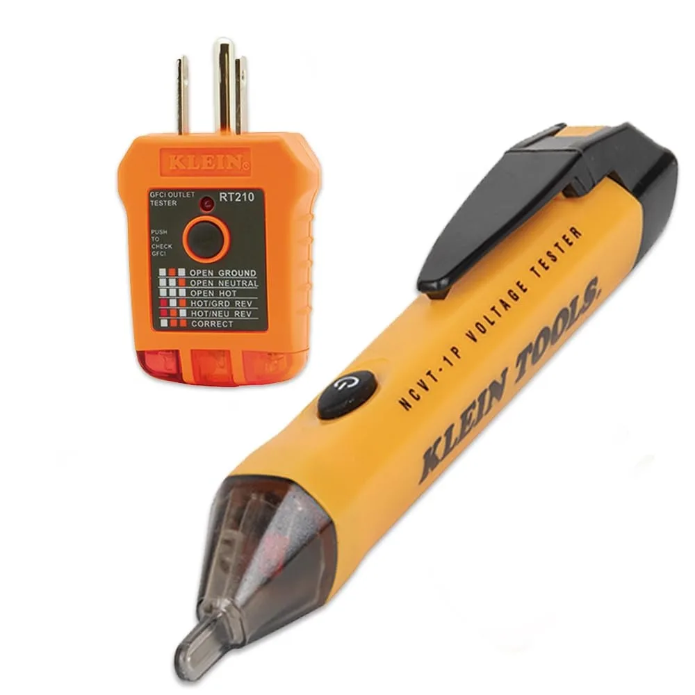 Two-piece electrical test kit with GFCI receptacle tester and non-contact voltage pen