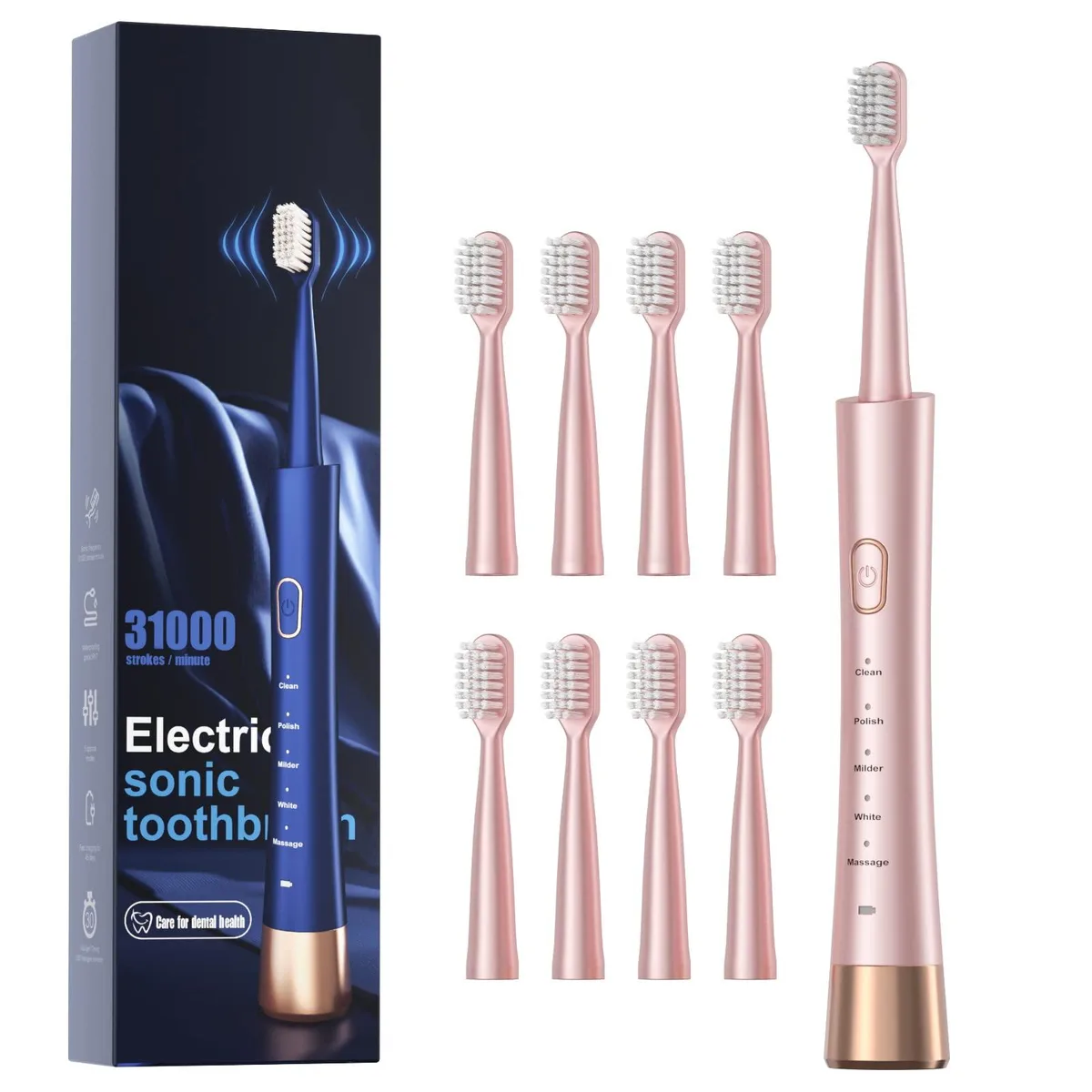 White sonic electric toothbrush with hidden USB charging cable, 8 brush heads, pink accents