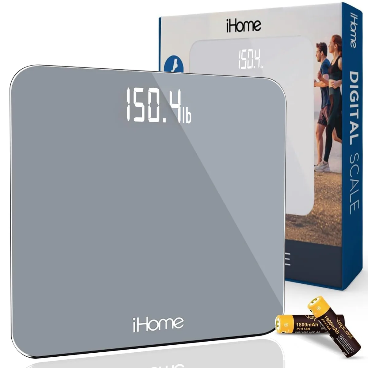 Black square digital bathroom scale with tempered glass surface and LED display