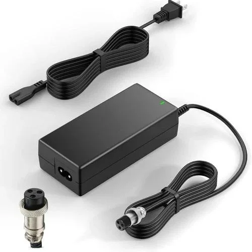 Black 24V charger with 3-pin inline connector and status lights