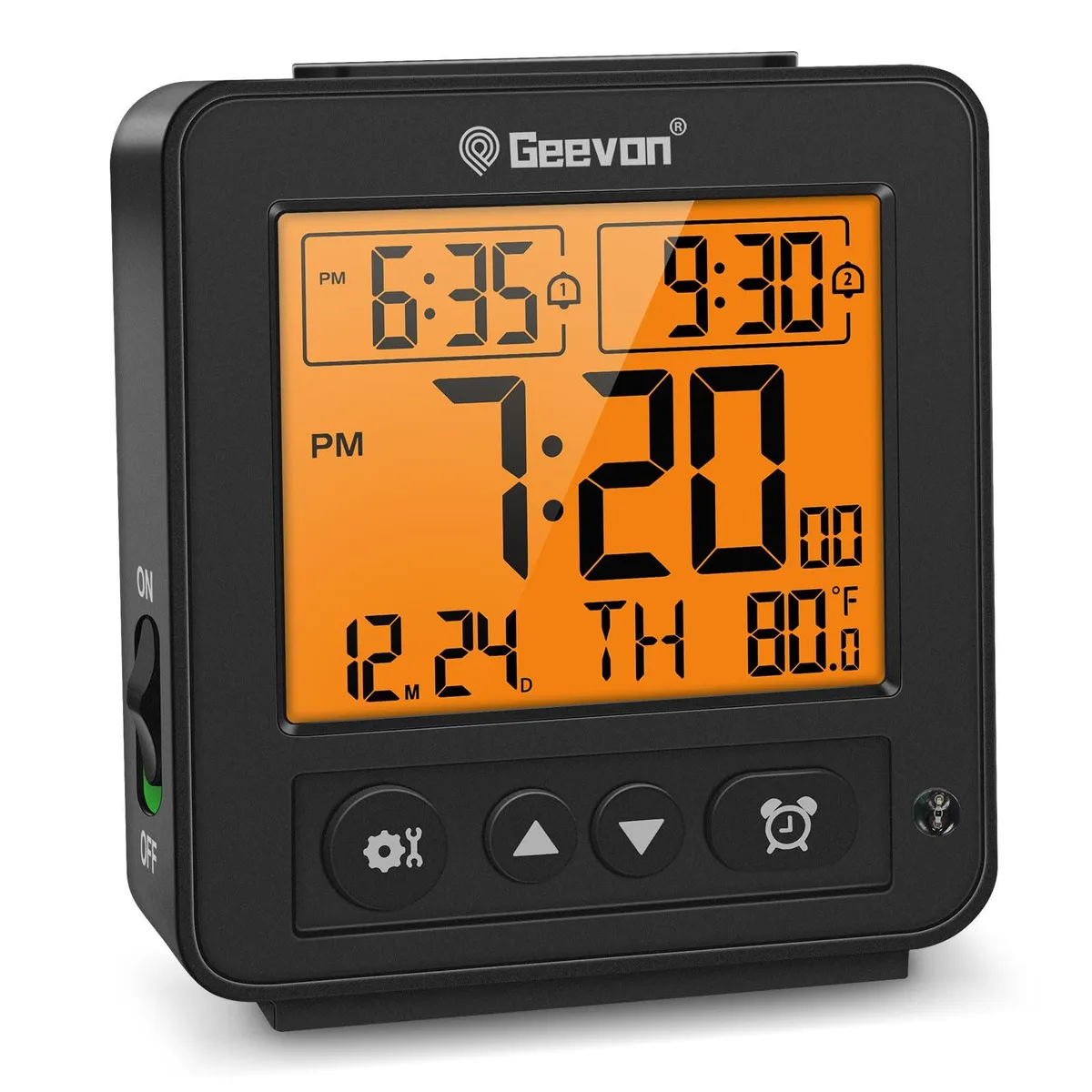 Small rectangular black LCD clock with orange backlight, 3.5 by 1.4 by 3.8 inches