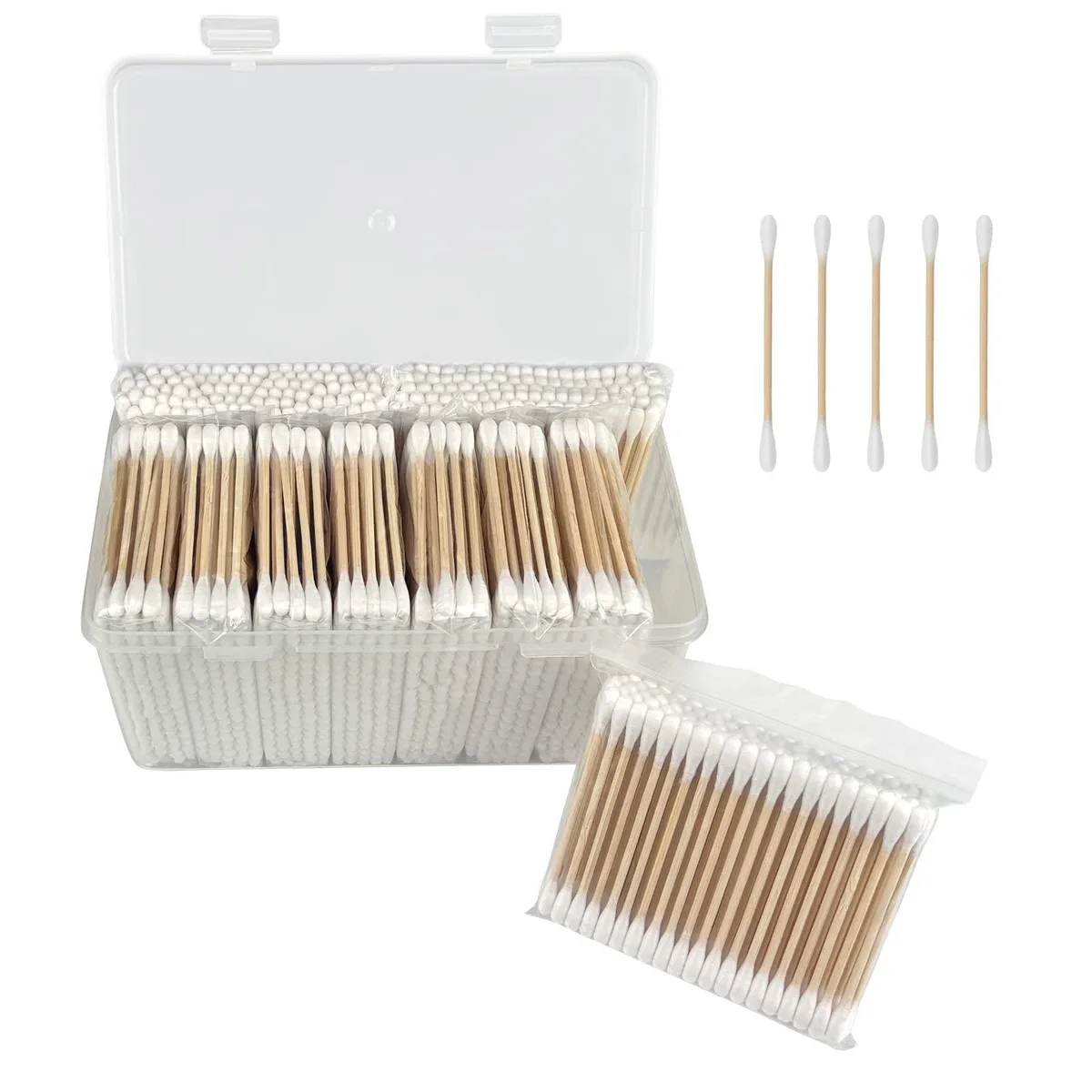Grey storage box containing ten packs of 100-count bamboo cotton swabs