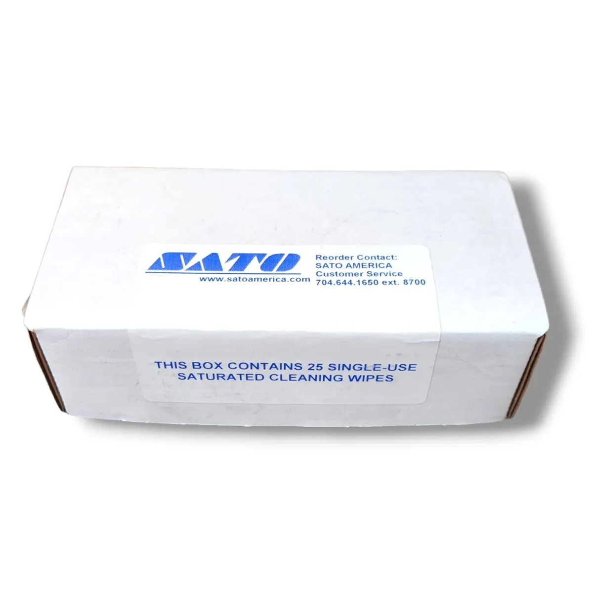 A box of twenty-five Sato cleaning wipes for printers