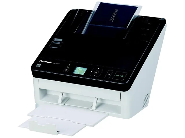 White rectangular sheet-fed scanner with top document feeder tray and front output slot